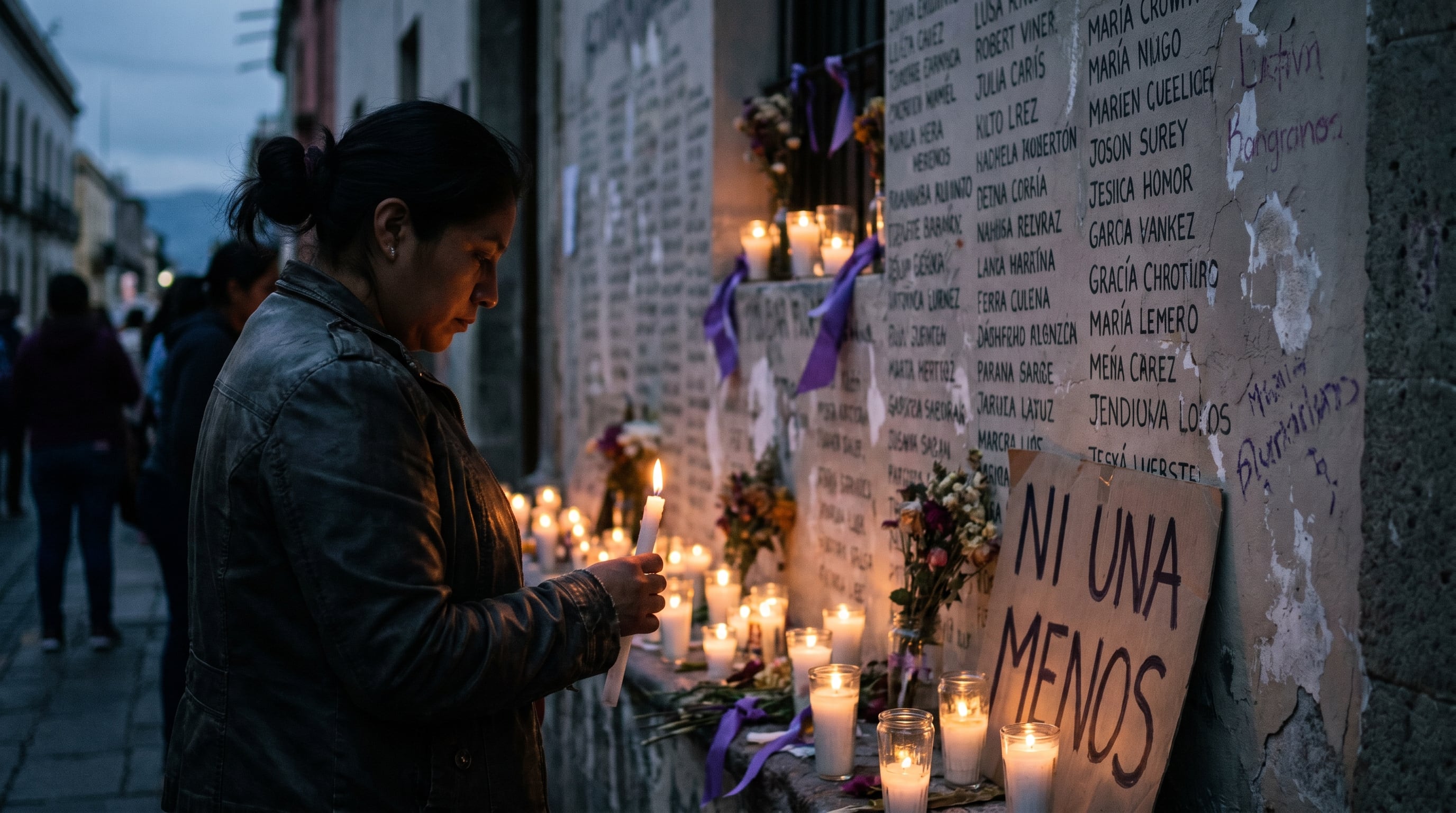 Una mujer sostiene una vela durante una emotiva vigilia en un espacio urbano latinoamericano, rindiendo homenaje a las víctimas de feminicidio frente a un muro con nombres y múltiples velas encendidas, simbolizando duelo y memoria. (Imagen Ilustrativa Infobae)