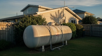 Un tanque blanco de gas LP, horizontal y grande, se encuentra en un jardín verde con césped cortado, frente a una casa de color claro y un cerco de madera.