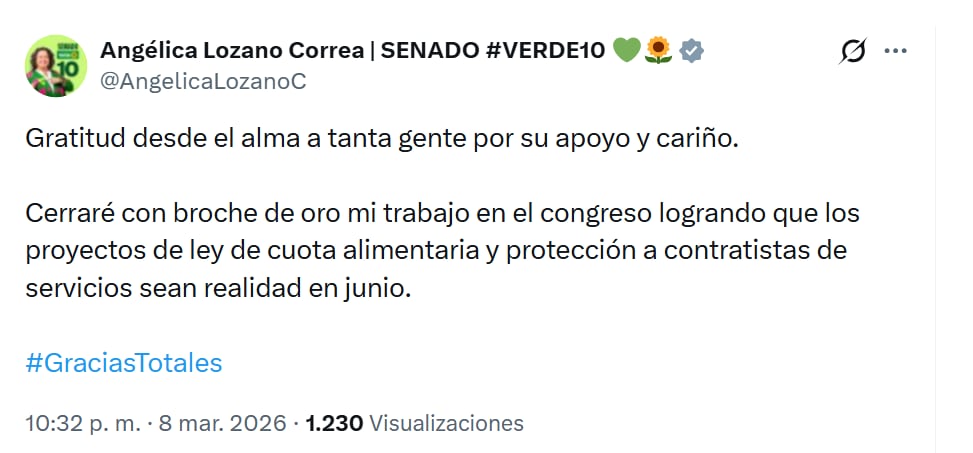 A pesar de su derrota, Angelica Lozano señaló que sigue comprometida con su trabajo legislativo hasta el 20 de julio de 2026 - crédito @AngelicaLozanoC/X