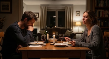 Un hombre y una mujer cenan en una mesa de madera oscura, con dos platos, copas de vino, una botella y una vela encendida en el centro. La iluminación es tenue.