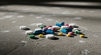 Primer plano de píldoras y cápsulas de colores blanco, azul, verde, amarillo y rosa dispersas sobre un suelo de hormigón gris texturizado.