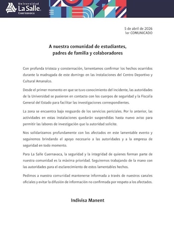 La Salle Cuernavaca emitió un comunicado tras el asesinato de dos guardias en Amanalco.