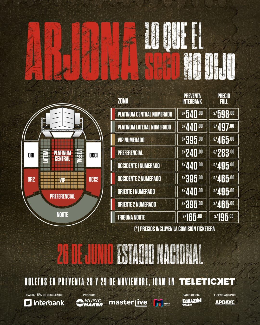 Zonas y precio de entradas para el concierto de Ricardo Arjona.