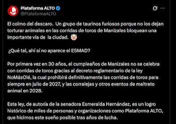 La Plataforma Alto por los Animales cuestionó las protestas surgidas tras la aplicación de las restricciones taurinas - crédito @PlataformaALTO / X