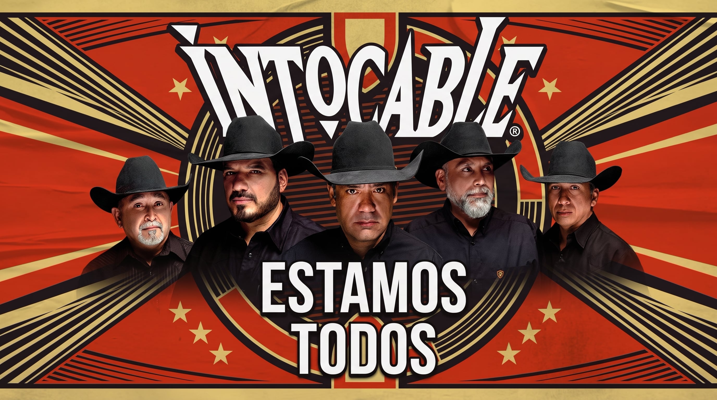 Los integrantes del grupo musical Intocable posan frente a un diseño gráfico promocional con la frase Estamos Todos. (Composición/Redes sociales)