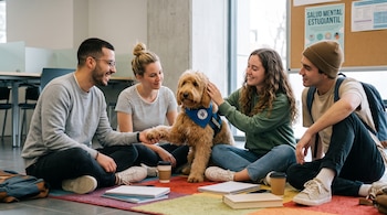 Cuatro jóvenes sentados en el suelo acarician a un perro de pelo rizado que lleva un chaleco azul con la palabra TERAPIA.