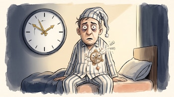 Ilustración de un hombre en pijama a rayas sentado en una cama, junto a un reloj de pared y con un mecanismo de engranajes visible en el pecho.