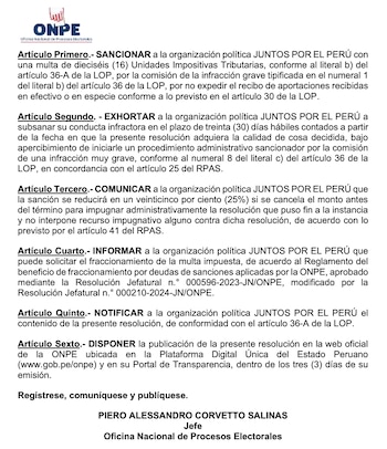 Piero Corvetto sancionó inicialmente a Juntos por el Perú