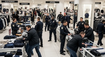 Varios oficiales del NYPD patrullan una tienda departamental llena de ropa, estantes y clientes, vigilando la mercancía para prevenir robos.