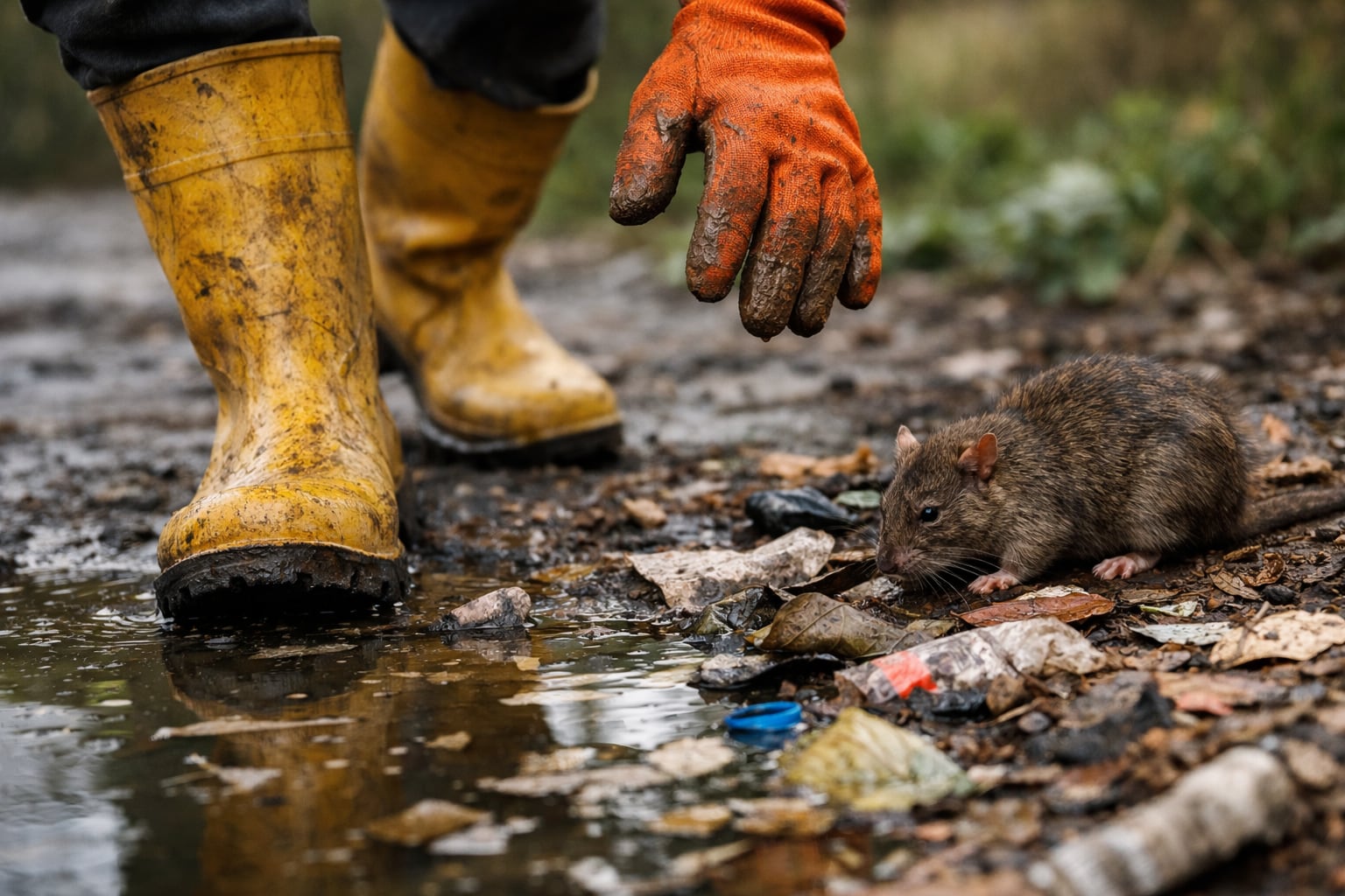 Una persona con botas de goma y guantes observa a una rata junto a un charco de agua estancada con desechos, lo que señala un riesgo ambiental y sanitario. (Imagen Ilustrativa Infobae)