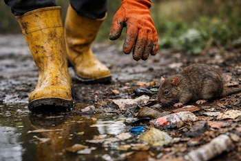Botas de goma amarillas y guantes de trabajo anaranjados sucios, charco de agua estancada con hojas, basura y una rata, suelo de tierra y vegetación borrosa.