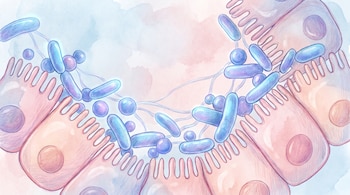 Células intestinales rosadas con microvellosidades y bacterias azules alargadas y esféricas. Fondo con difuminado en tonos azules y rosados.