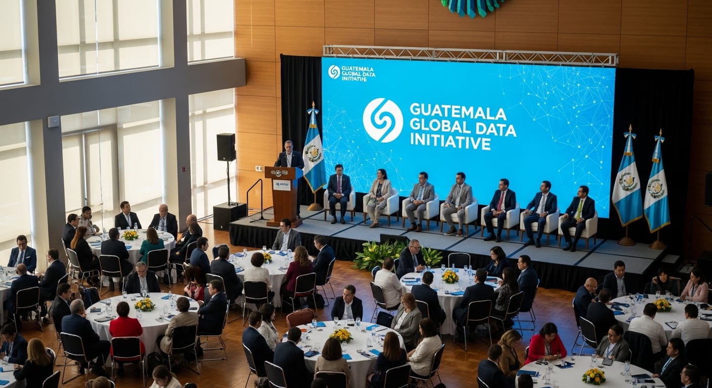 Funcionarios de Guatemala presentan la Iniciativa Global de Datos en un evento con mesas redondas y una gran pantalla mostrando el logo, con el objetivo de reordenar el uso de información pública. (Imagen Ilustrativa Infobae)