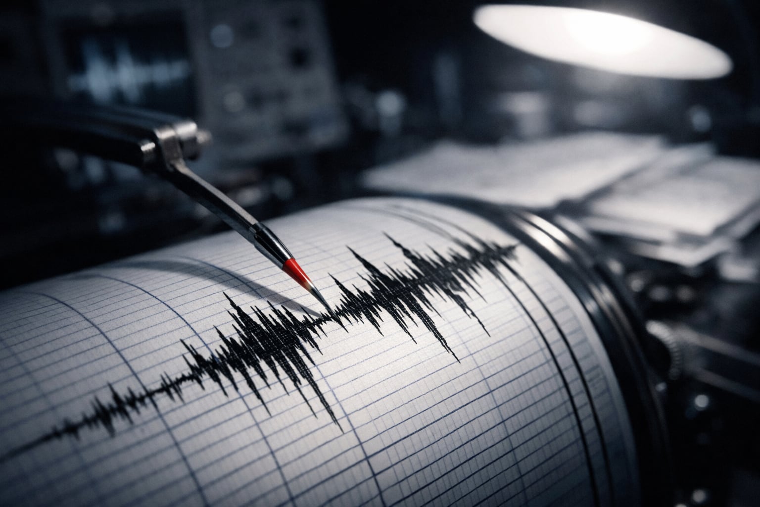 Un sismógrafo analógico en funcionamiento registra ondas sísmicas con una aguja de punta roja sobre un papel cuadriculado, indicando monitoreo constante de la actividad telúrica. (Imagen Ilustrativa Infobae)