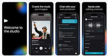 Cuatro iPhones negros muestran una aplicación de producción musical con pantallas que incluyen bienvenida, interfaz de creación, chat con productor y edición de audio