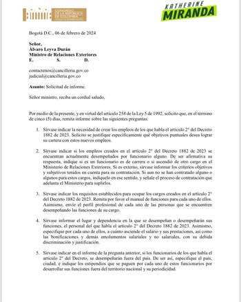 Derecho de petición radicado por la representante a la Cámara, Katherine Miranda - crédito Miranda Bogotá