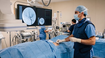 Un médico con mascarilla manipula un catéter junto a un paciente cubierto con campos quirúrgicos y pantallas con escáneres cerebrales.