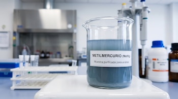 Un vaso de precipitados con líquido gris y la etiqueta Metilmercurio sobre una mesa de laboratorio con pipetas y frascos al fondo.