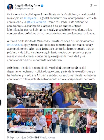 El gobernador Jorge Emilio Rey Ángel informó que la ANI se comprometió a avanzar en la atención de los puntos críticos identificados por los habitantes de Cáqueza - crédito @JorgeEmilioRey/X