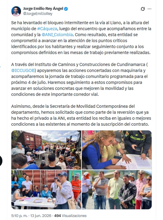 El gobernador Jorge Emilio Rey Ángel informó que la ANI se comprometió a avanzar en la atención de los puntos críticos identificados por los habitantes de Cáqueza - crédito @JorgeEmilioRey/X