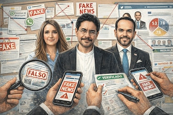 Ilustración de Paloma Valencia, Iván Cepeda y Abelardo de la Espriella frente a un tablero con publicaciones virales y "FAKE NEWS". Varias manos verifican contenido con lupas y celulares.