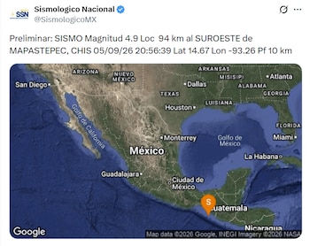 Sismo de 4.9 en Mapastepec, Chiapas este 5 de septiembre de 2026. (X/ @SismologicoMX)