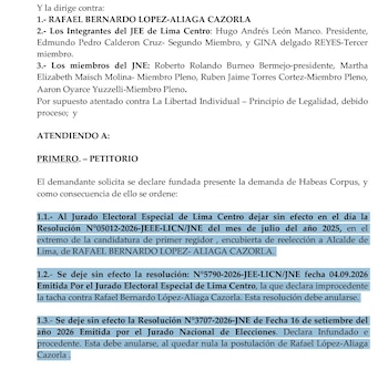 Documento judicial mecanografiado en español con secciones resaltadas en azul sobre una demanda de habeas corpus