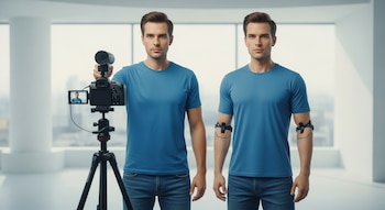 Dos hombres idénticos, uno real grabando con una cámara en trípode y su clon de IA al lado, en una habitación moderna con grandes ventanales.