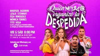 Cuatro actrices posan bajo un globo rosa con forma de corazón y el título de una obra sobre un fondo morado con texto informativo