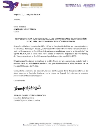 La senadora Jennifer Pedraza presentó una proposición para impedir que Abelardo de la Espriella se posesione en una guarnición militar - crédito @JenniferPedraz/X
