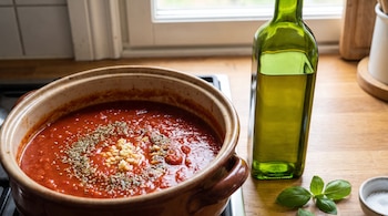 Olla de barro con salsa de tomate, ajo y orégano junto a una botella de vidrio verde, albahaca y un cuenco con sal sobre una mesada.