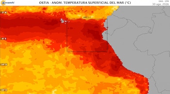 Mapa del océano Pacífico frente a Sudamérica con tonos rojos y amarillos que delimitan la zona geográfica Niño 1+2 frente a las costas del Perú.