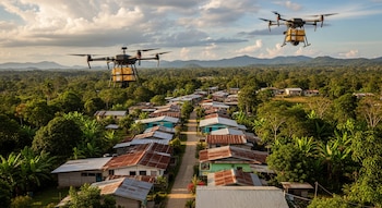 Dos drones negros con cajas amarillas vuelan sobre un camino y casas con techos de chapa en una comunidad rural, con árboles y montañas al fondo bajo un cielo nublado.