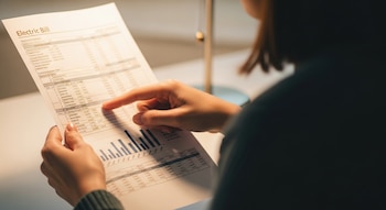 Primer plano de manos sosteniendo un recibo de energía eléctrica con la etiqueta "Electric Bill", mientras un dedo apunta a una sección de cifras.