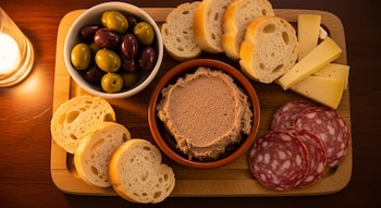 Plano cenital de una tabla de madera con un cuenco de paté de hígado, rodajas de pan, aceitunas verdes y moradas, salame y trozos de queso. Hay una vela encendida a la izquierda.
