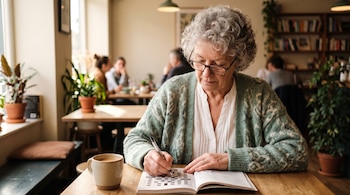 Una mujer con gafas y chaqueta verde escribe en un libro de crucigramas sobre una mesa de madera junto a una taza en una cafetería.