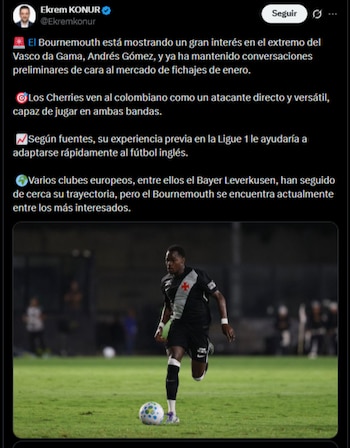 El delantero estaría en el radar de la Premier League-crédito @Ekremkonur/X