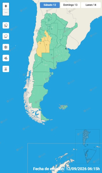 Mapa meteorológico de Argentina con provincias destacadas en verde y amarillo, con menú superior de fechas y botones de control a la izquierda