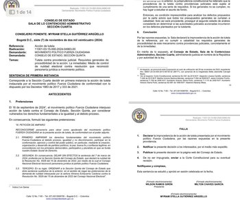 El Consejo de Estado concluyó que las circunstancias de Fuerza Ciudadana no eran comparables a las de otros partidos políticos que habían recibido personería jurídica por situaciones excepcionales - crédito Consejo de Estado