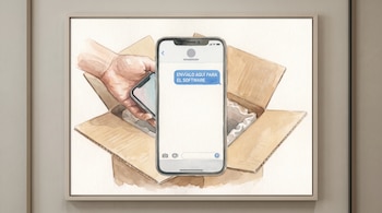 Pintura de una mano que guarda un celular en una caja de cartón y una pantalla con el texto Envíalo aquí para el software.