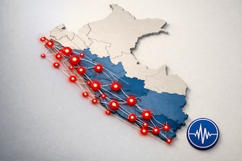 Mapa 3D del Perú, destacando Moquegua, Arequipa, Lima y Tacna en azul, con puntos rojos brillantes que marcan epicentros sísmicos y un logo del IGP.