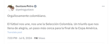 Gustavo Petro celebró triunfo de la selección Colombia sobre Panamá - crédito @petrogustavo/X
