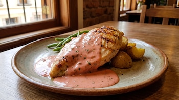 Una pechuga de pollo asada con salsa rosa, judías verdes y patatas sobre un plato de cerámica gris. El plato se encuentra en una mesa de madera con una ventana al fondo.