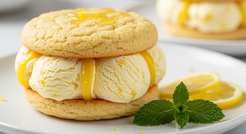 Un sándwich de helado de limón con galletas, salsa de limón, ralladura de limón, rodajas de limón y hojas de menta sobre un plato blanco.