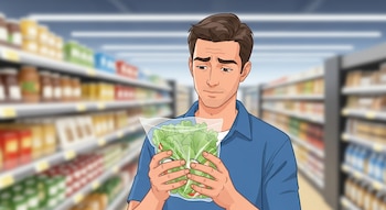 Ilustración de un hombre en un supermercado, sosteniendo una ensalada en bolsa con ambas manos y observando su contenido.