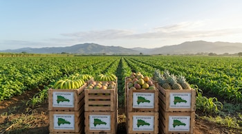 Primer plano de cajas de madera llenas de bananos, mangos y piñas con etiquetas de "Exportación República Dominicana", en un campo verde con montañas al fondo.