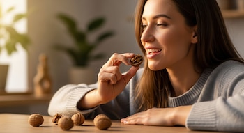 Primer plano de una mujer joven con cabello oscuro, sonriendo mientras sostiene media nuez cerca de su boca. Varias nueces enteras y una partida están sobre una mesa de madera.