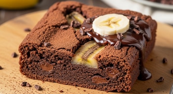 Un brownie cuadrado de banana y cacao, espolvoreado con cacao en polvo, decorado con rodajas de plátano y salsa de chocolate, sobre una tabla de madera.