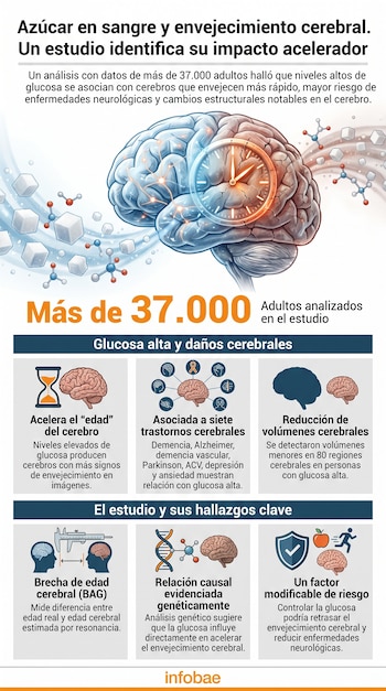 Infografía con ilustración de un cerebro con reloj y grietas, rodeado de cubos de azúcar y moléculas. Muestra texto sobre glucosa alta y envejecimiento cerebral.