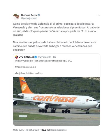 Trino del presidente Petro sobre los vuelos de deportación de venezolanos desde Estados Unidos. (Captura de pantalla)